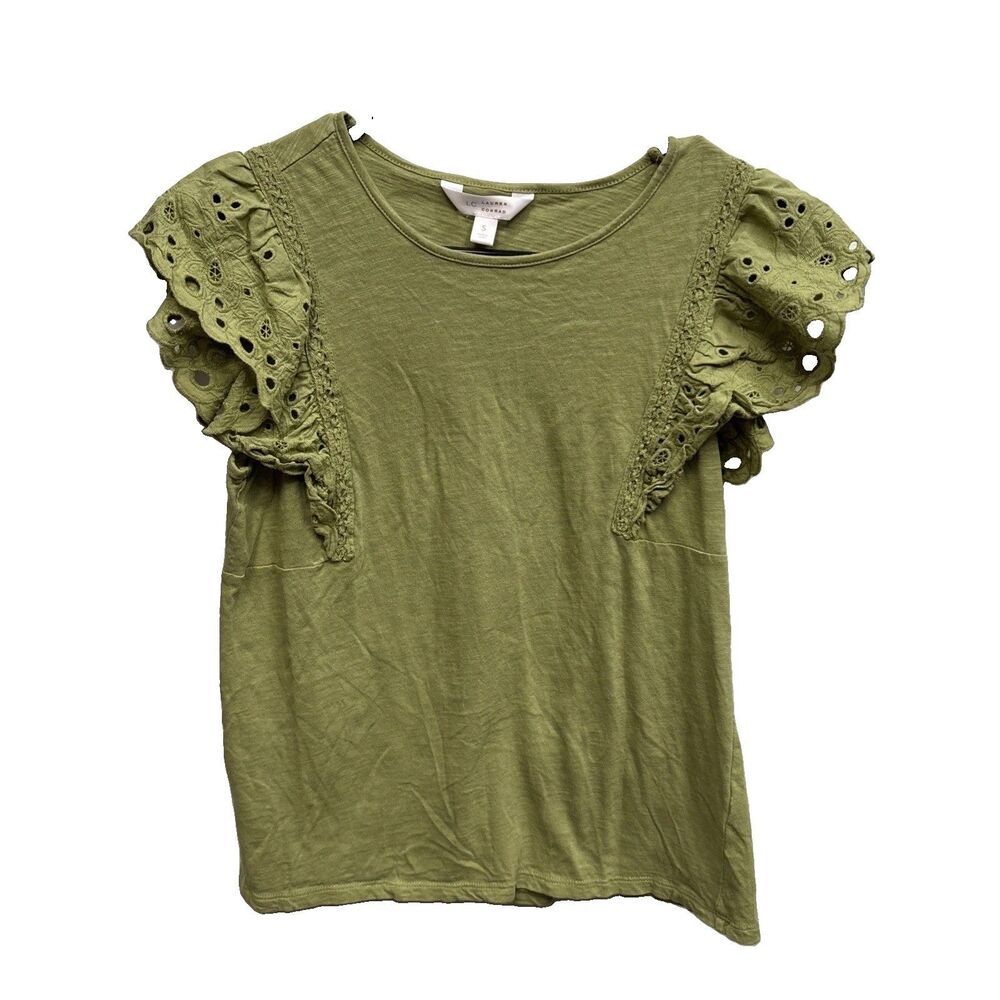 Lauren Conrad Women Green Cotton Top Eyelet Sleeves S Pullover Ruffle Stretch
